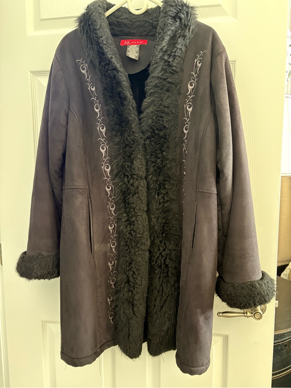Anne Klein Brown Faux-Suede Trench Coat with Faux-Fur Trim